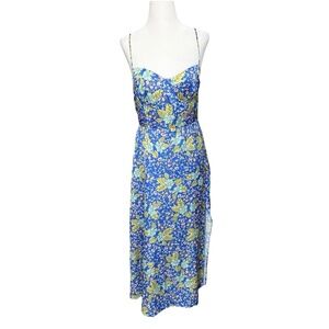 ASTR The Label Size M Satin Bustier Floral Midi Dress Blue Multi Side Slit